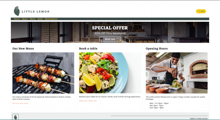 Little Lemon Restaurant website with functional reservation system and menu ordering and checkout.