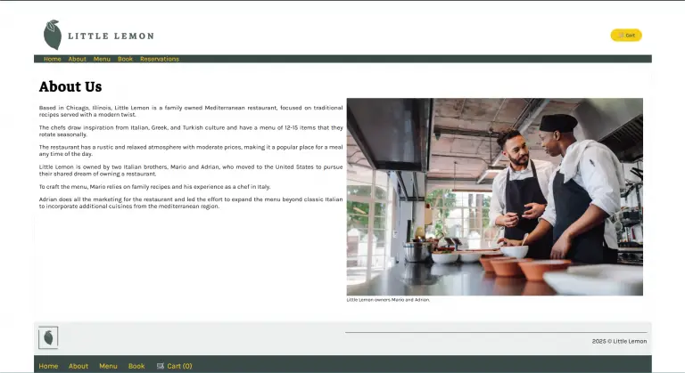 Little Lemon Restaurant website with functional reservation system and menu ordering and checkout.