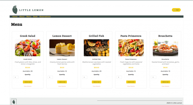 Little Lemon Restaurant website with functional reservation system and menu ordering and checkout.