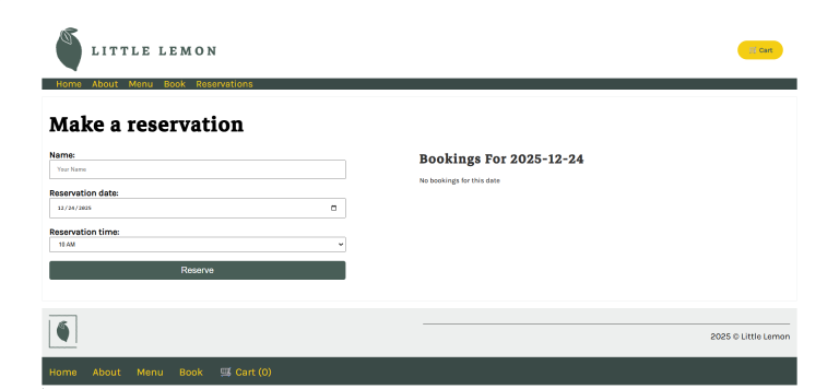 Little Lemon Restaurant website with functional reservation system and menu ordering and checkout.