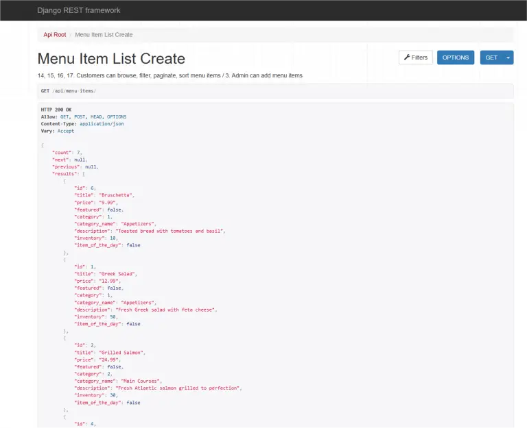 Django REST API for Little Lemon Restaurant